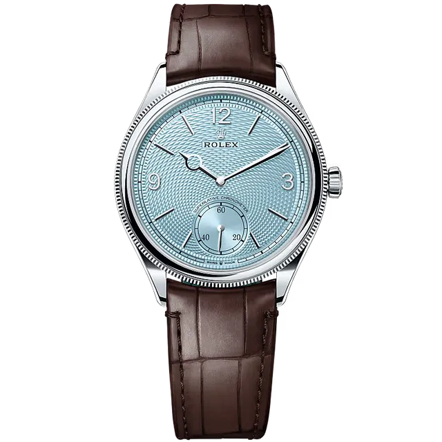 Rolex 1908 Platinum Ice Blue Dial Brown Band 39mm
